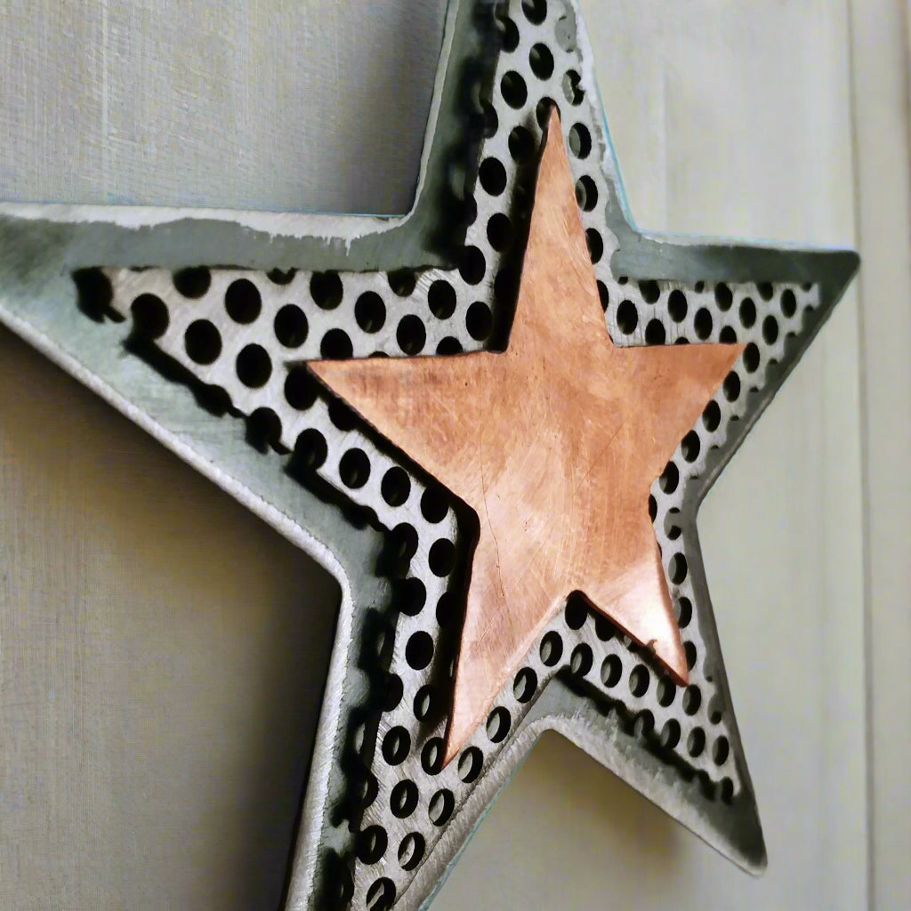 Handmade Recycled Metal Star Ornament – Copper & Steel Celestial Decor