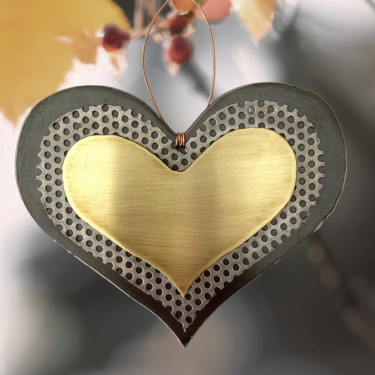 Handmade Recycled Metal Heart Ornament – Brass & Steel Boho Wall Art