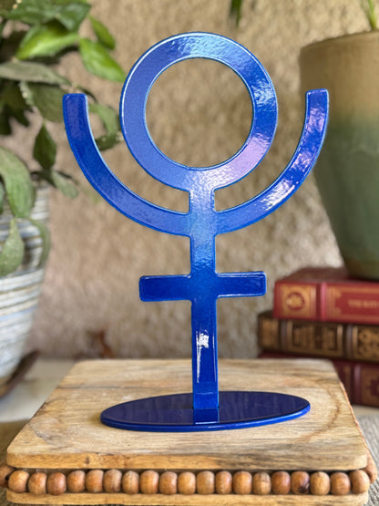 Pluto, blue metal statue