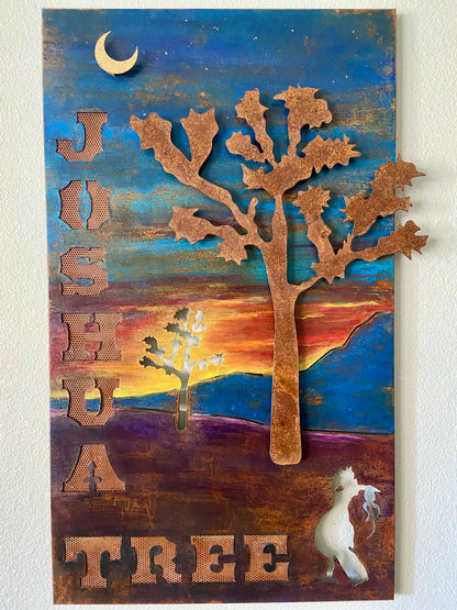 Handmade Metal Wall Art – “Joshua Tree 1” Desert Scene with Roadrunner and Moon SOLD