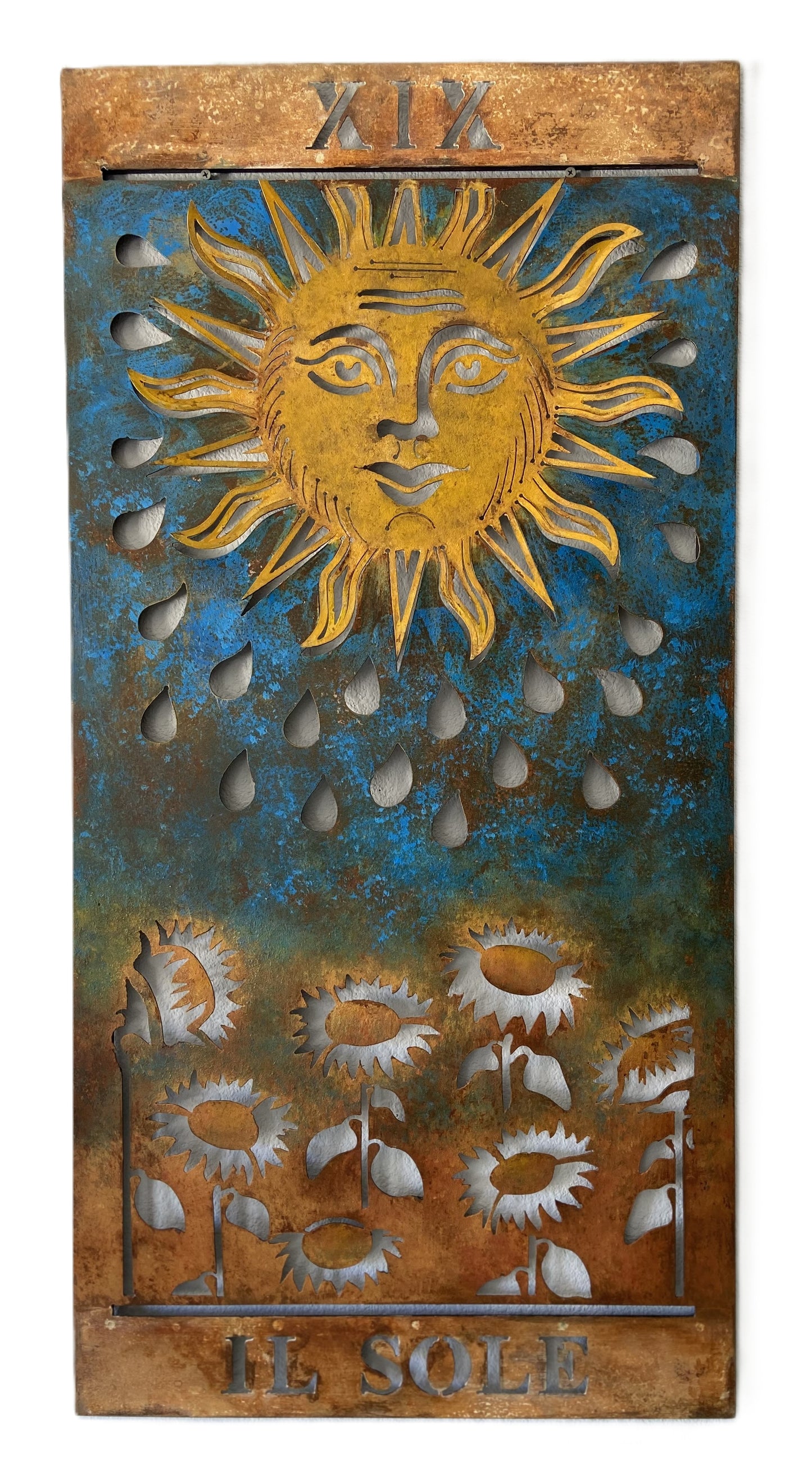 Handmade Metal Tarot Wall Art – “The Sun” Card Symbol of Joy and Illumination
