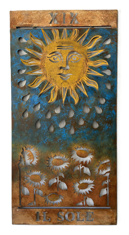 Handmade Metal Tarot Wall Art – “The Sun” Card Symbol of Joy and Illumination