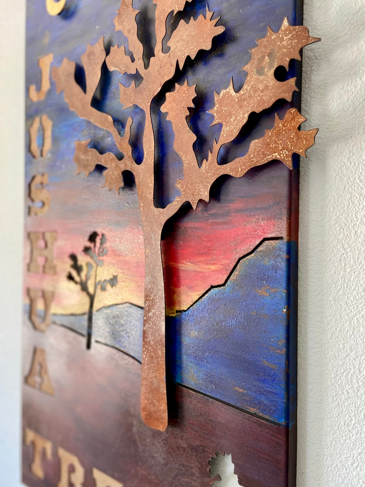 Handmade Metal Wall Art – “Joshua Tree 2” Desert Scene with Roadrunner and Moon