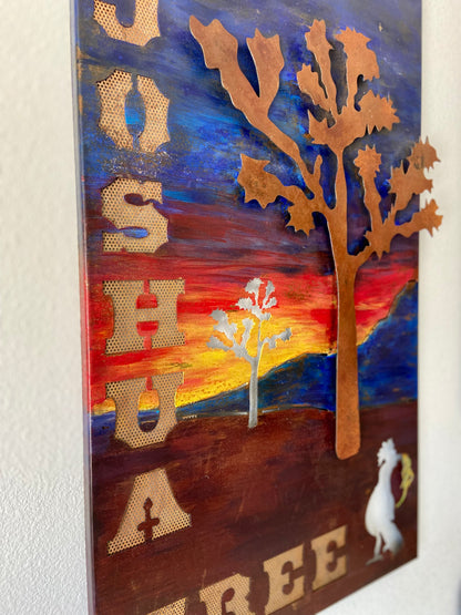 Handmade Metal Wall Art – “Joshua Tree 2” Desert Scene with Roadrunner and Moon