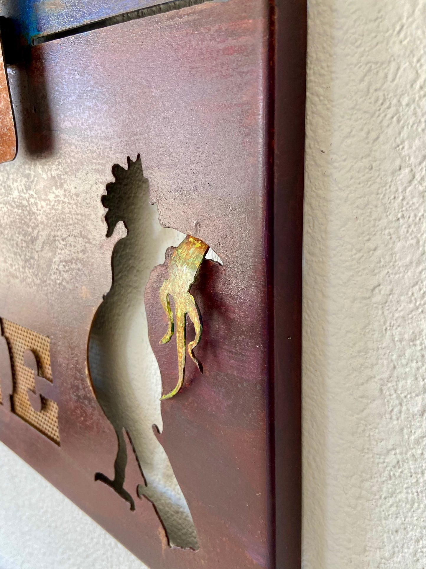 Handmade Metal Wall Art – “Joshua Tree 2” Desert Scene with Roadrunner and Moon