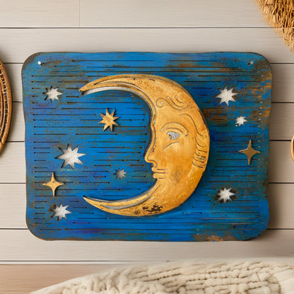 3D Moon Wall Sign – Handmade Metal Celestial Art on Starry Blue Sky