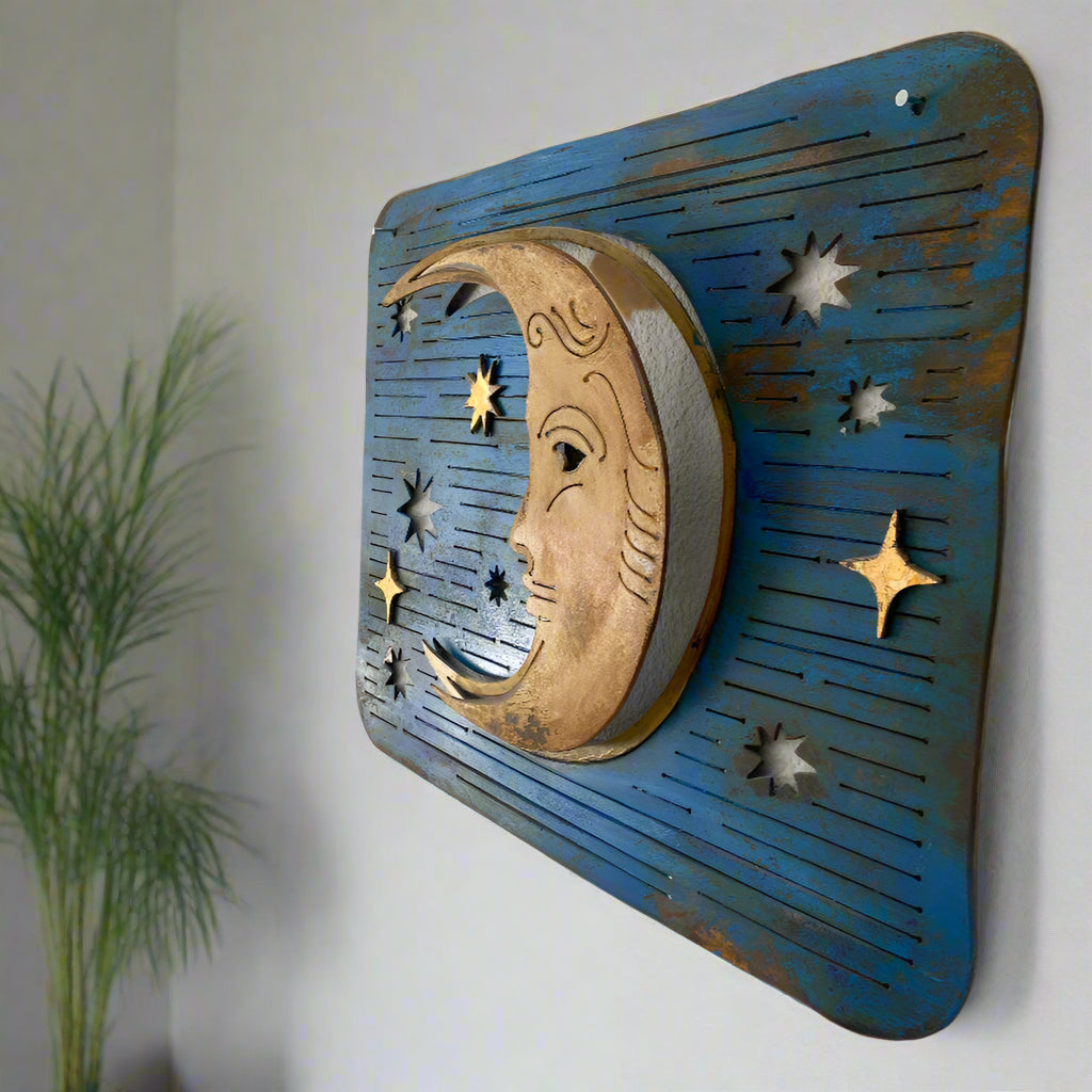 3D Moon Wall Sign – Handmade Metal Celestial Art on Starry Blue Sky