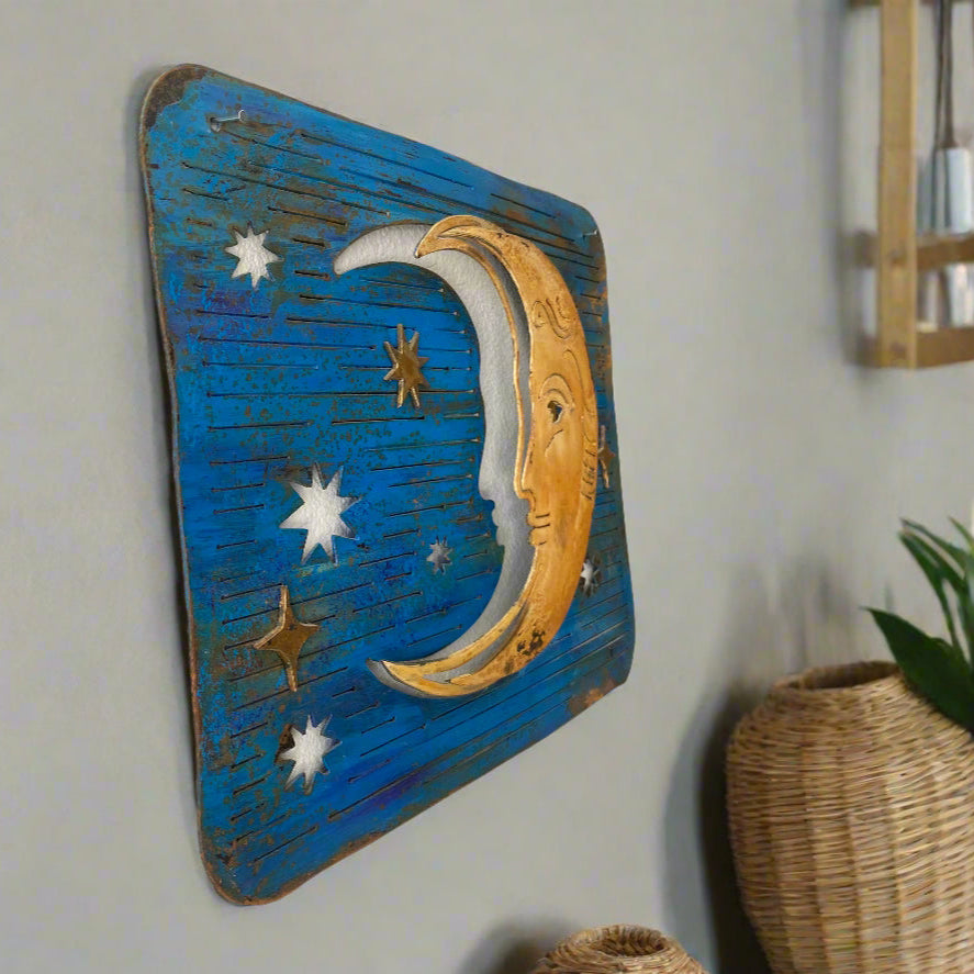 3D Moon Wall Sign – Handmade Metal Celestial Art on Starry Blue Sky