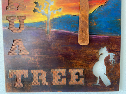 Handmade Metal Wall Art – “Joshua Tree 1” Desert Scene with Roadrunner and Moon SOLD