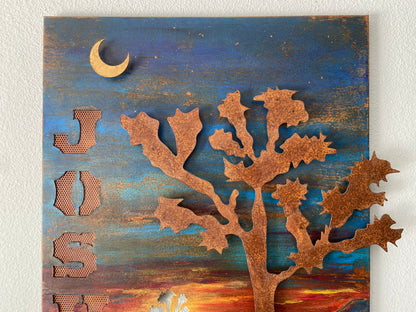 Handmade Metal Wall Art – “Joshua Tree 1” Desert Scene with Roadrunner and Moon SOLD