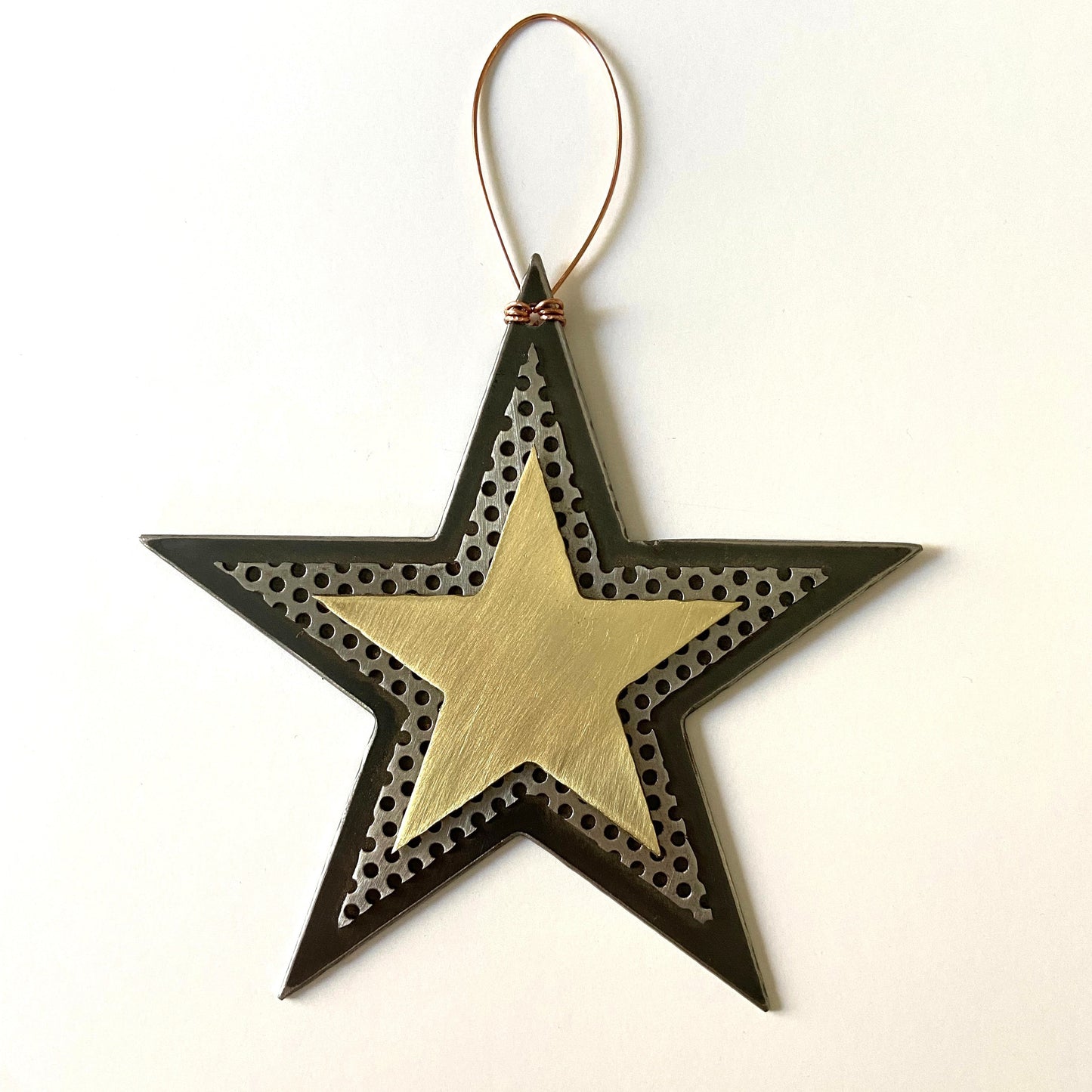 Handmade Recycled Metal Star Ornament – Brass & Steel Celestial Decor