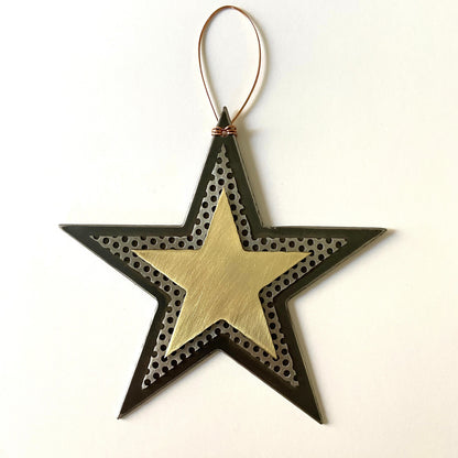 Handmade Recycled Metal Star Ornament – Brass & Steel Celestial Decor