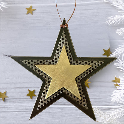 Handmade Recycled Metal Star Ornament – Brass & Steel Celestial Decor