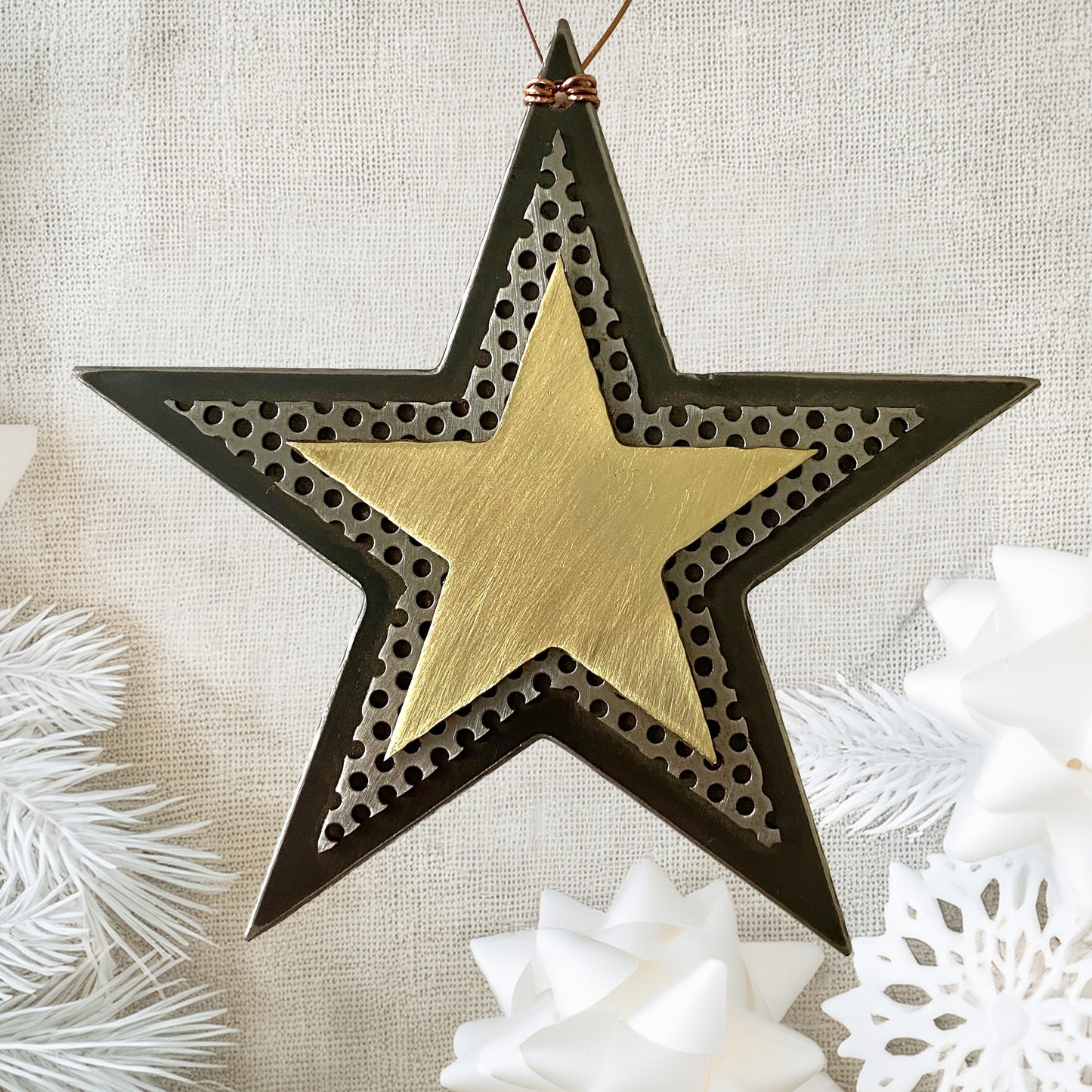 Handmade Recycled Metal Star Ornament – Brass & Steel Celestial Decor