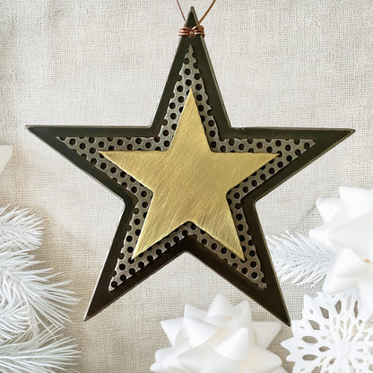 Handmade Recycled Metal Star Ornament – Brass & Steel Celestial Decor