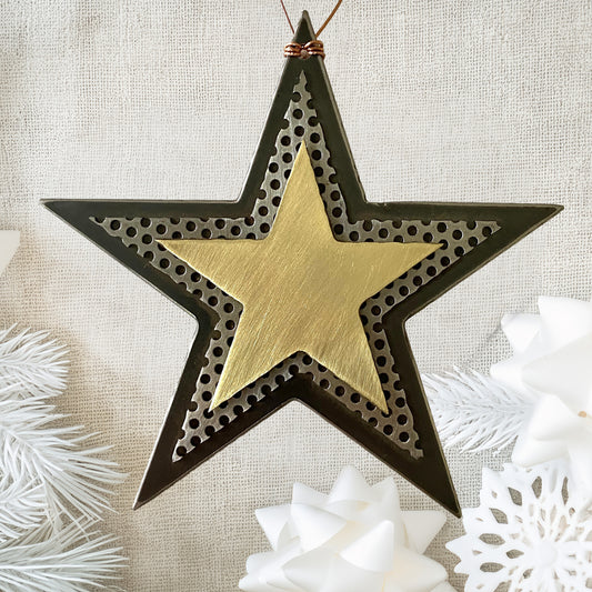 Handmade Recycled Metal Star Ornament – Brass & Steel Celestial Decor