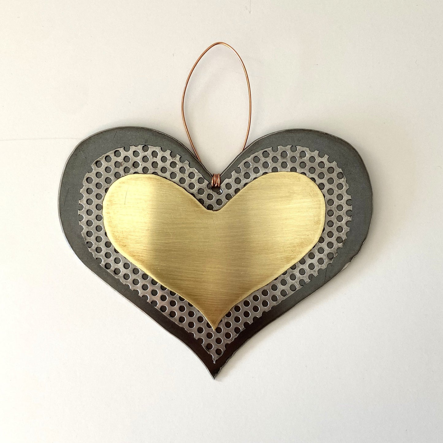 Handmade Recycled Metal Heart Ornament – Brass & Steel Boho Wall Art