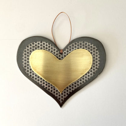 Handmade Recycled Metal Heart Ornament – Brass & Steel Boho Wall Art
