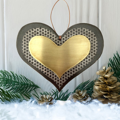 Handmade Recycled Metal Heart Ornament – Brass & Steel Boho Wall Art