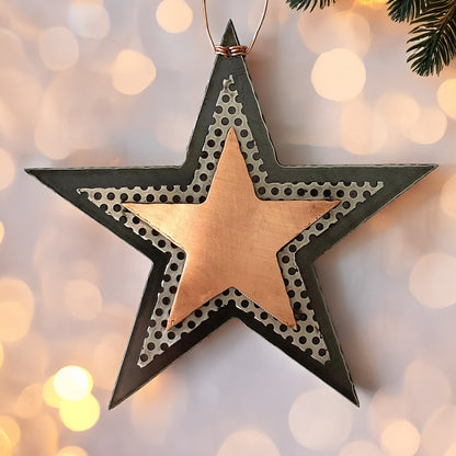 Handmade Recycled Metal Star Ornament – Copper & Steel Celestial Decor