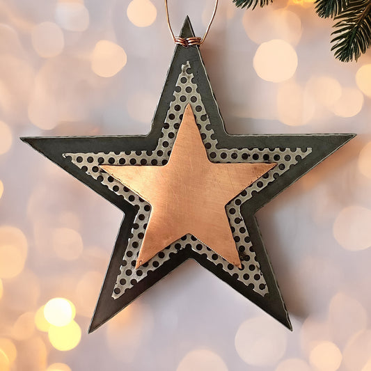 Handmade Recycled Metal Star Ornament – Copper & Steel Celestial Decor