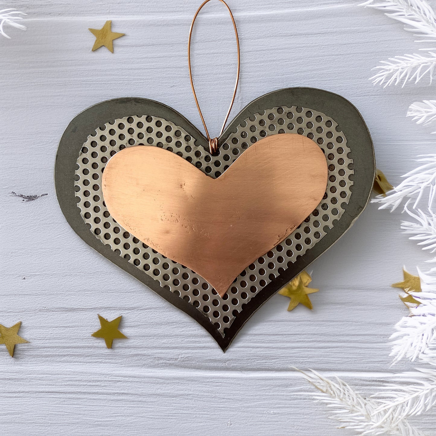 Handmade Recycled Metal Heart Ornament – Copper & Steel Boho Metal Decor