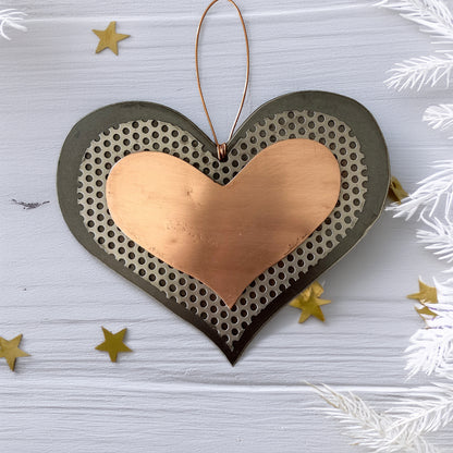 Handmade Recycled Metal Heart Ornament – Copper & Steel Boho Metal Decor