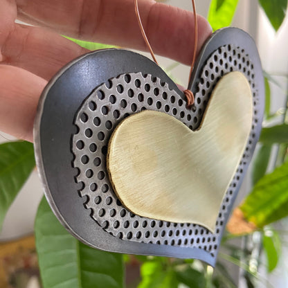 Handmade Recycled Metal Heart Ornament – Brass & Steel Boho Wall Art