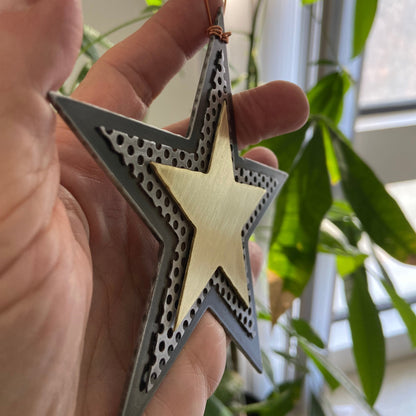 Handmade Recycled Metal Star Ornament – Brass & Steel Celestial Decor