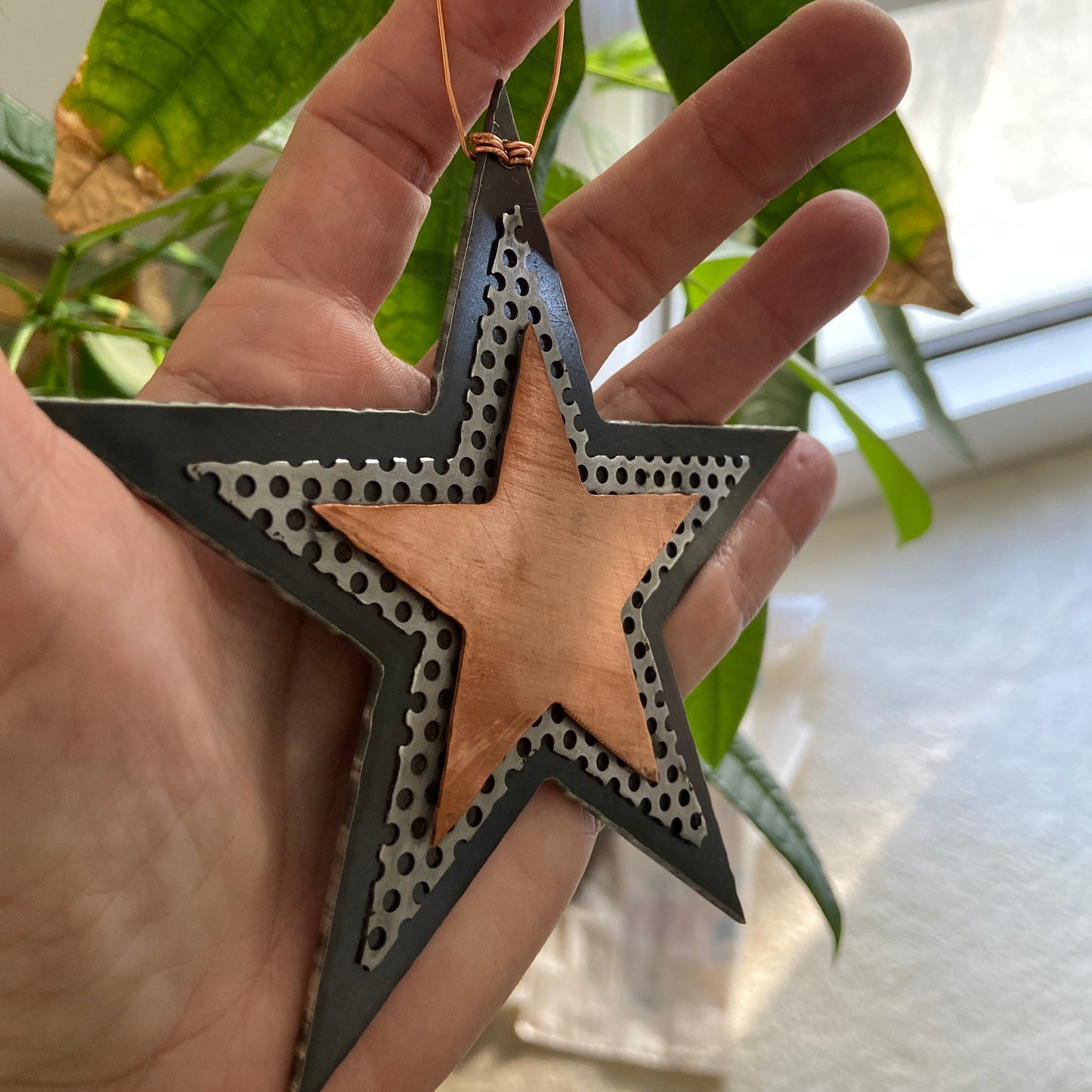 Handmade Recycled Metal Star Ornament – Copper & Steel Celestial Decor