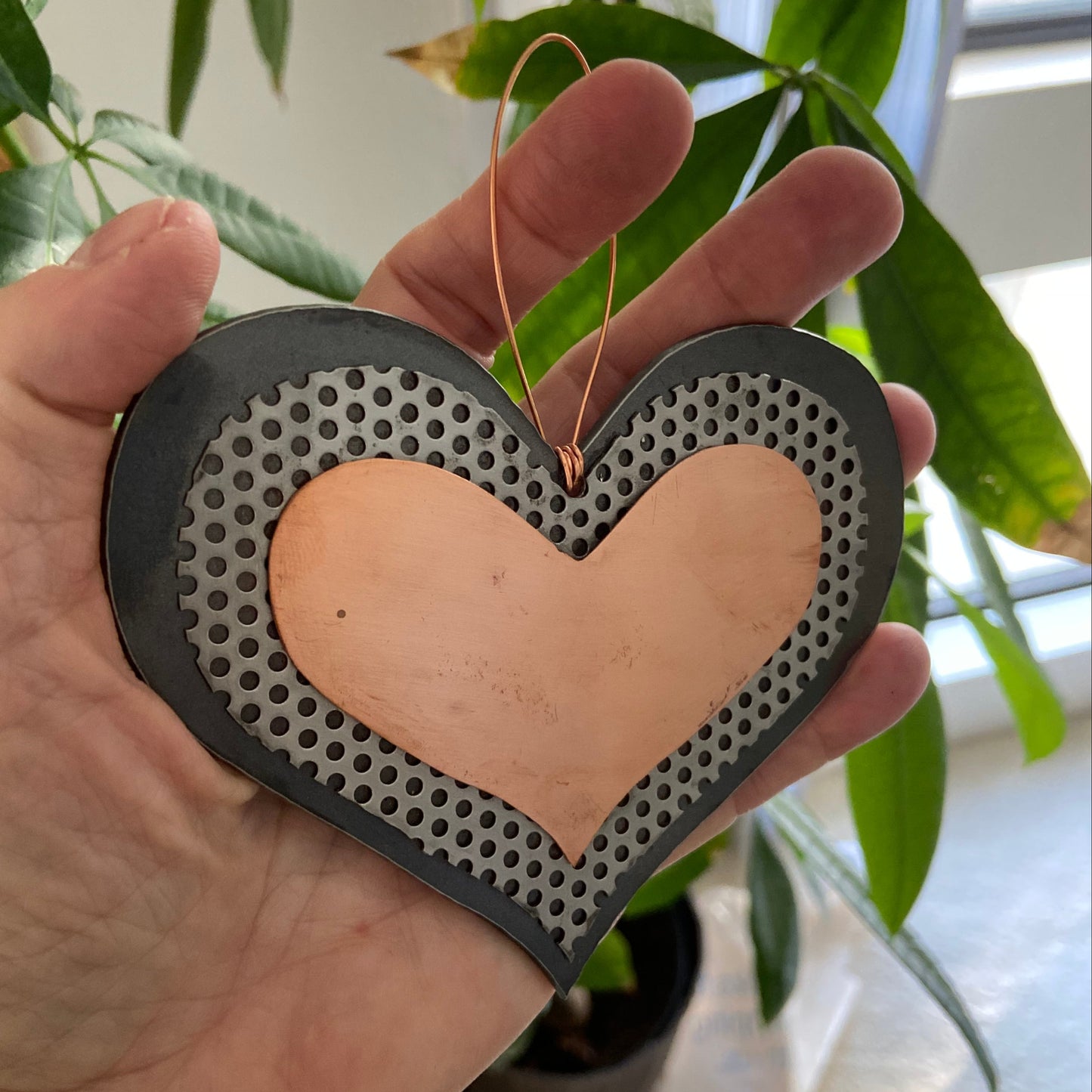 Handmade Recycled Metal Heart Ornament – Copper & Steel Boho Metal Decor