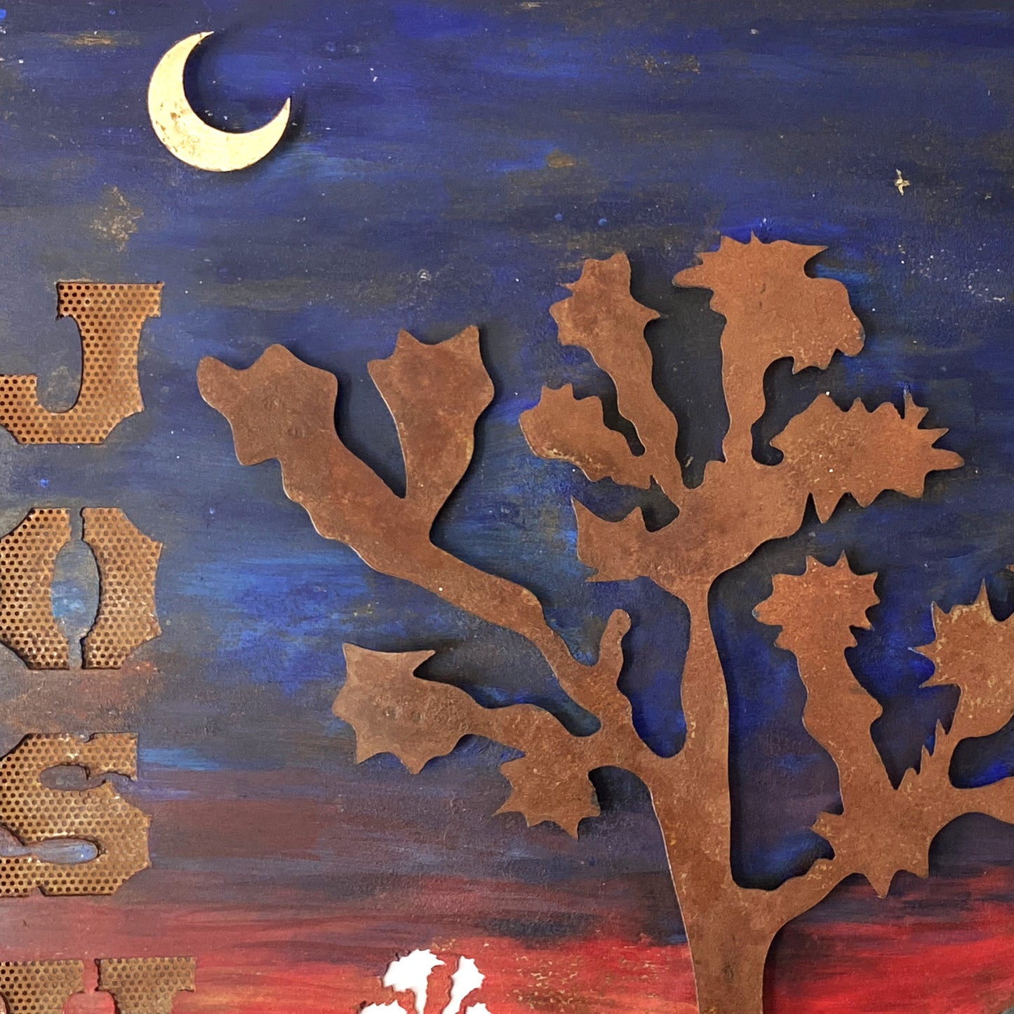 Handmade Metal Wall Art – “Joshua Tree 2” Desert Scene with Roadrunner and Moon