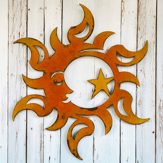 Rustic Metal Sun & Star Wall Art – Hand-Painted Plasma Cut Décor