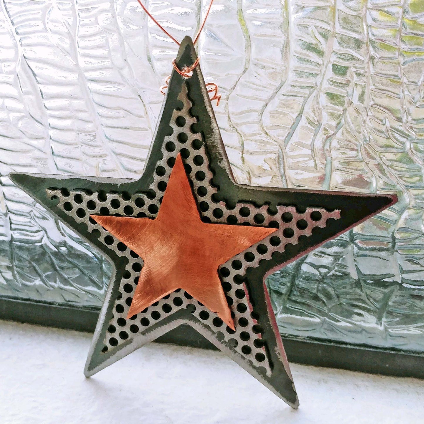 Handmade Recycled Metal Star Ornament – Copper & Steel Celestial Decor