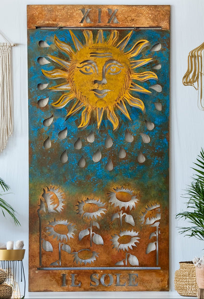 Handmade Metal Tarot Wall Art – “The Sun” Card Symbol of Joy and Illumination