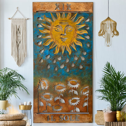 Handmade Metal Tarot Wall Art – “The Sun” Card Symbol of Joy and Illumination